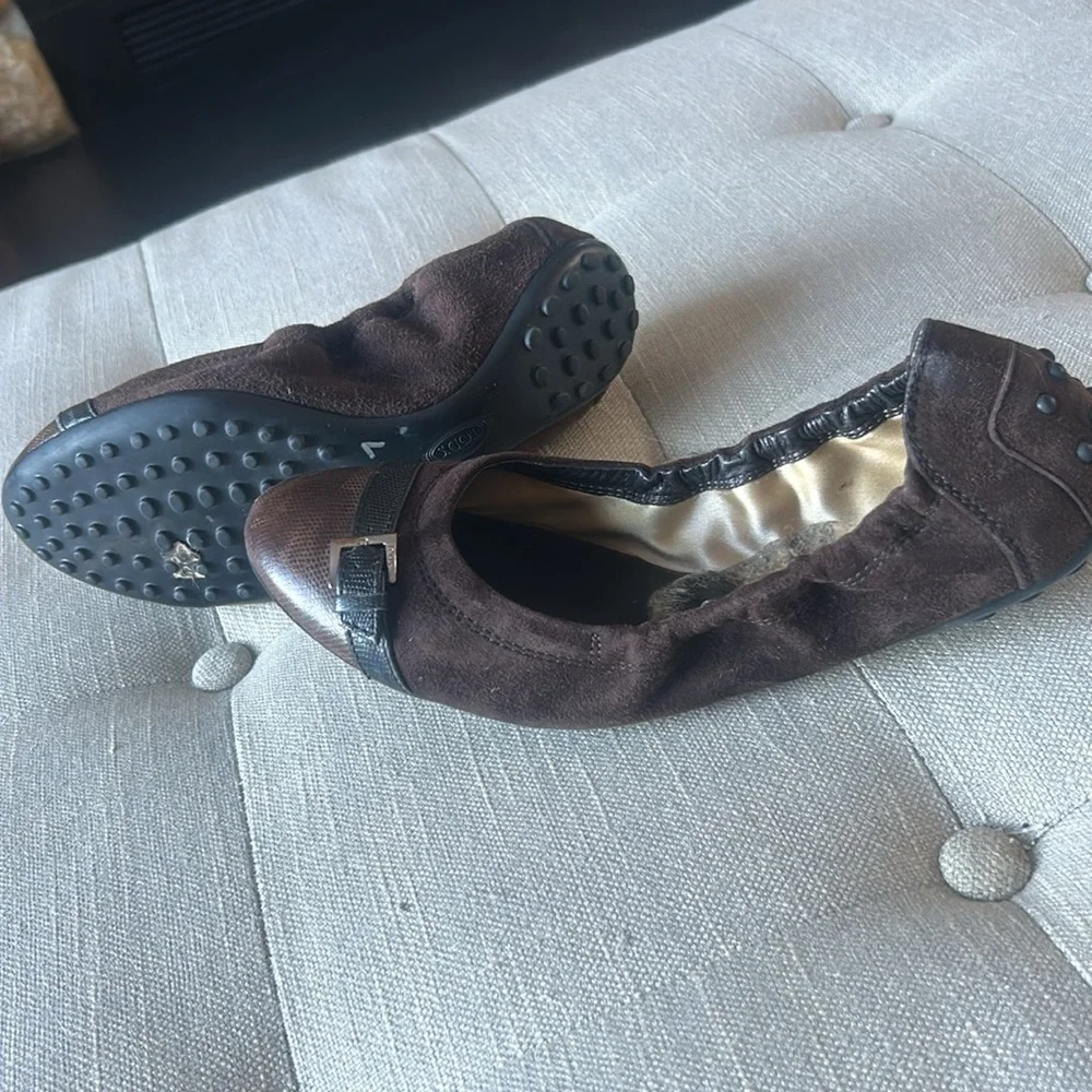 Tod’s Brown Suede Leather‎ Buckle Ballerina Flats Size 37.5
